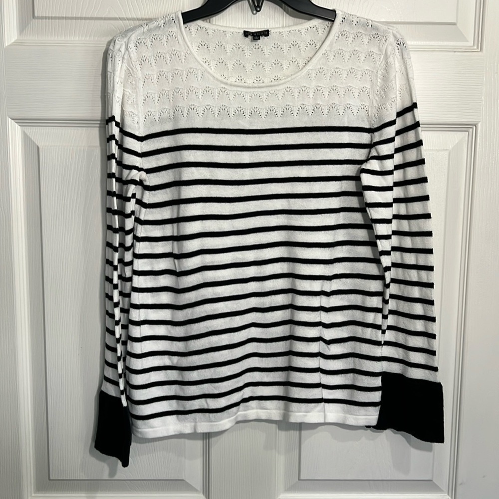 Hannah Women’s Striped Knit Sweater- Black/White Round Neck - Size Large
